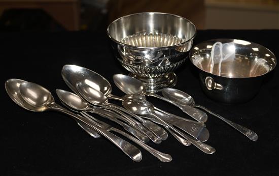 A silver half-fluted sugar bowl, a plain silver bowl, a set of 6 George III silver teaspoons, two tablespoons, etc.